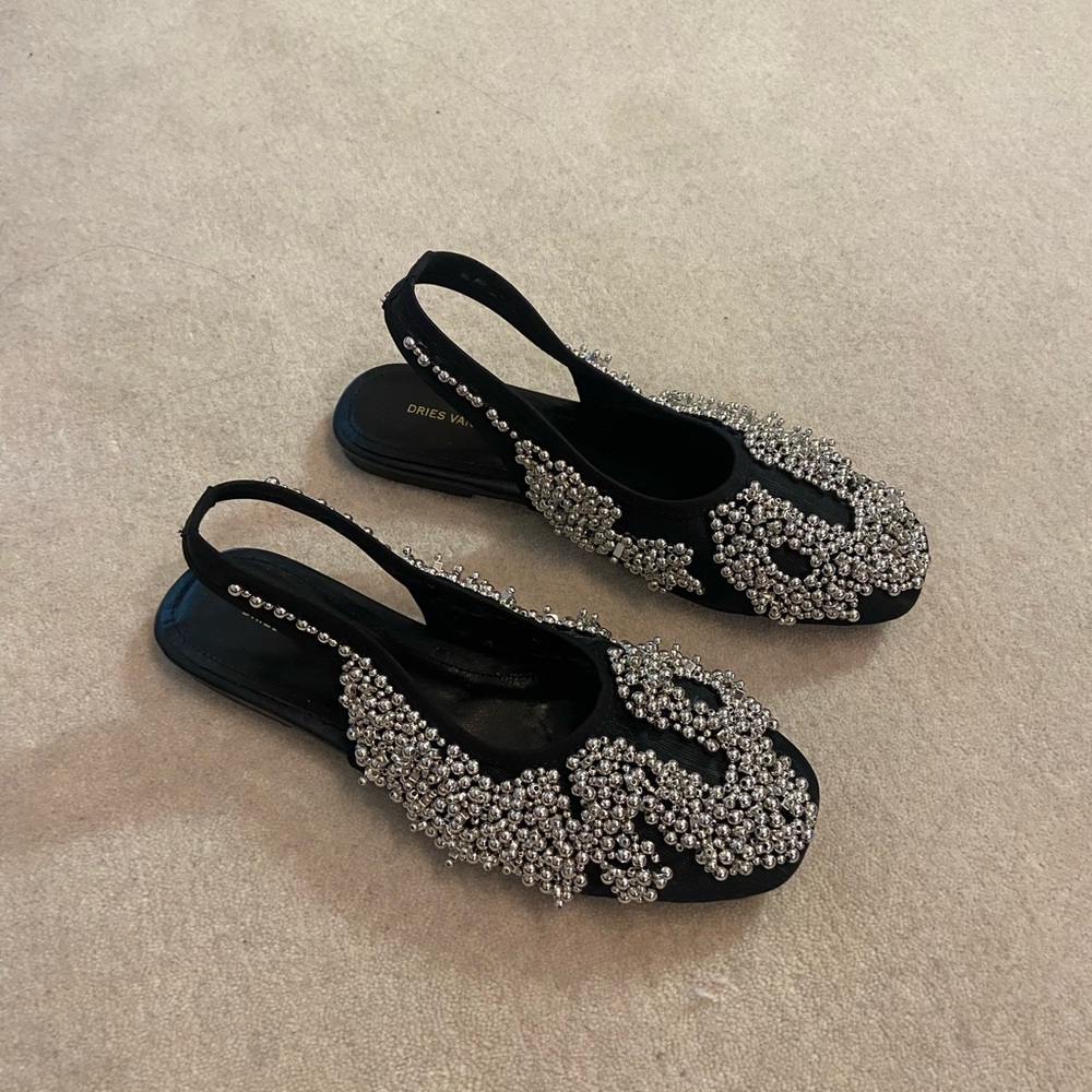 Dries Van Noten Mesh Embellished Slingback Flats